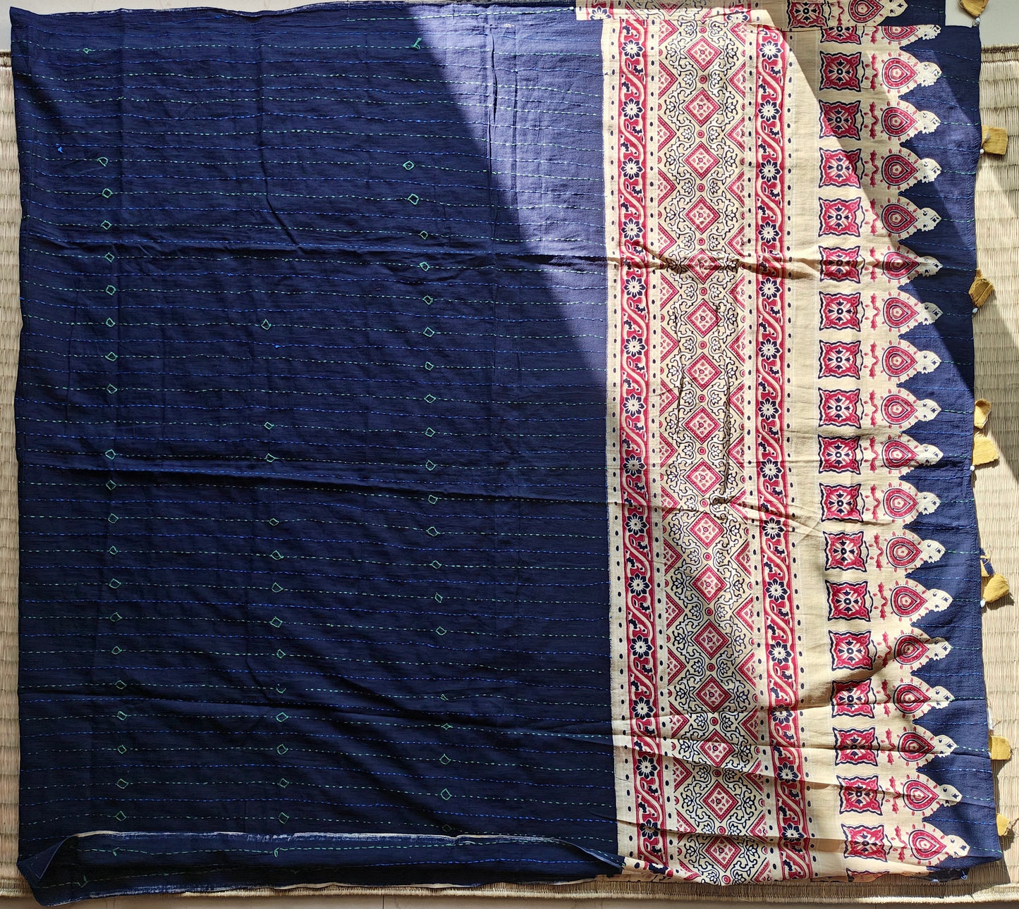 Blue & Mustard Ajrakh Hand Block Cotton Dupatta with Kantha Work