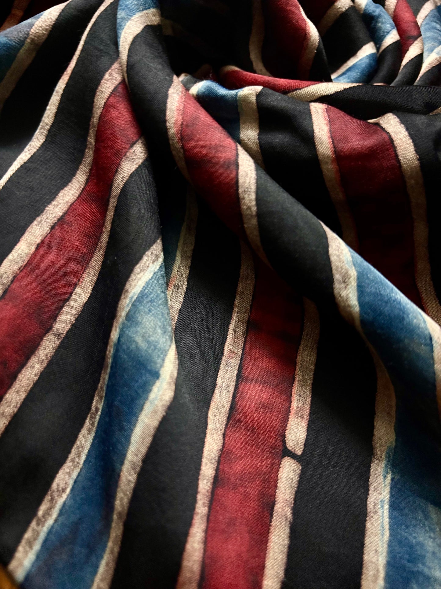 Rust Blue and Black Lines Ajrakh Modal Silk Stole