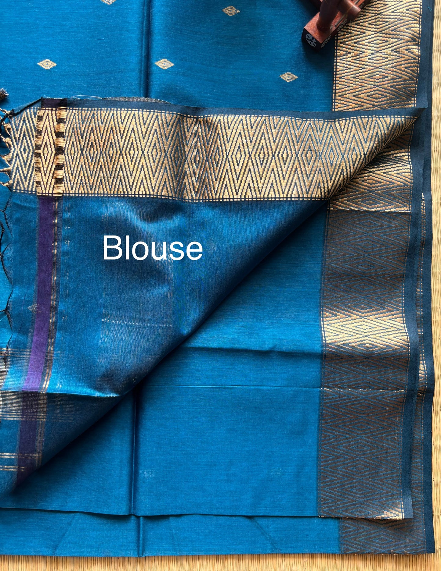 Classic Blue Maheshwari Saree with Geometric Gold Zari Border