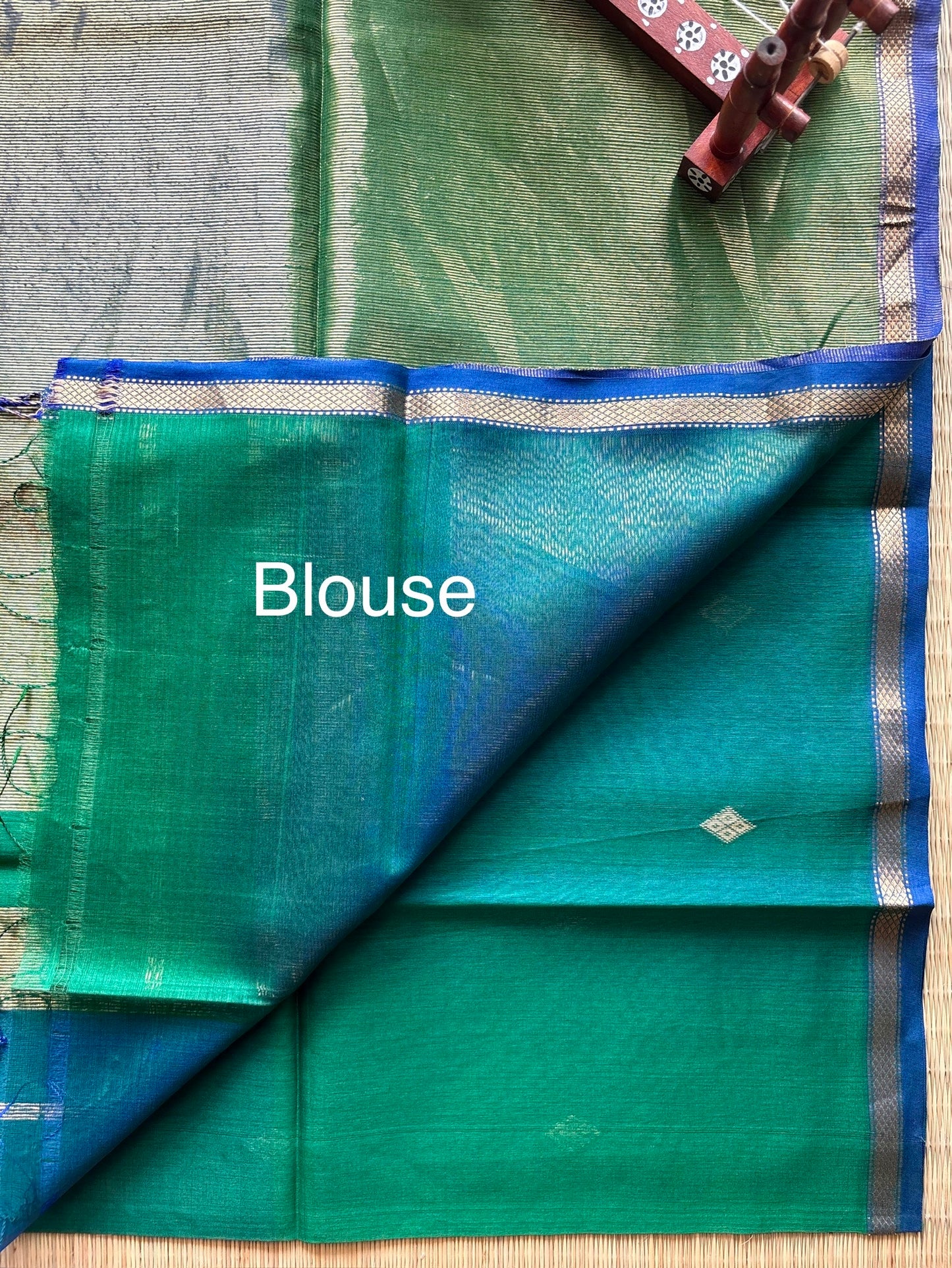 Dual Tone Green & Blue Maheshwari Saree with Gold Zari