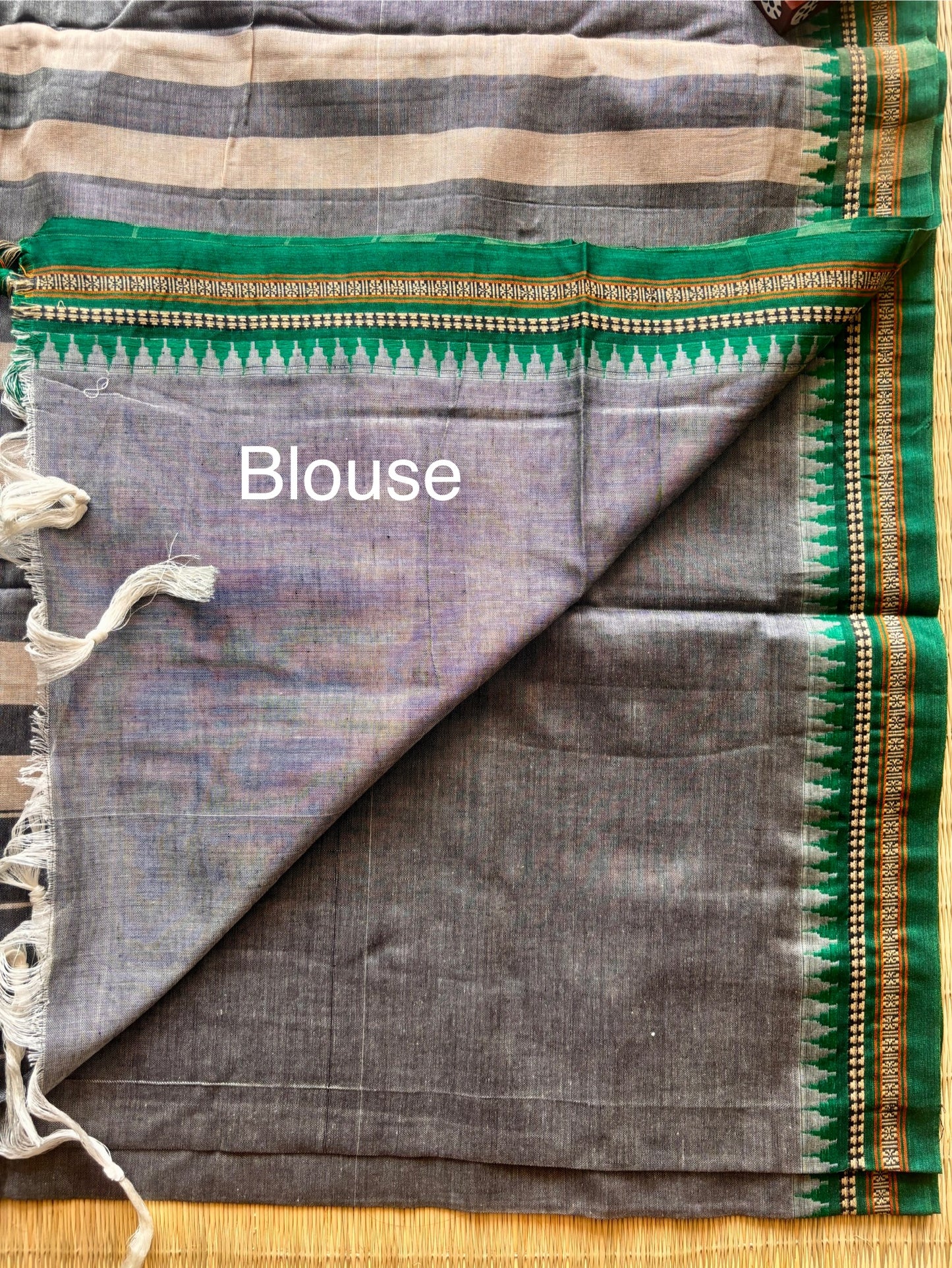 Grey Narayanpet Handloom Cotton Saree with Green Temple Border