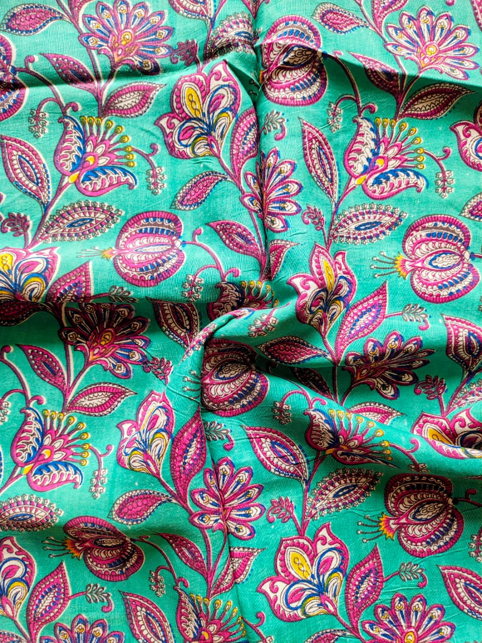 Teal and Pink Kalamkari Silk Blouse Fabric