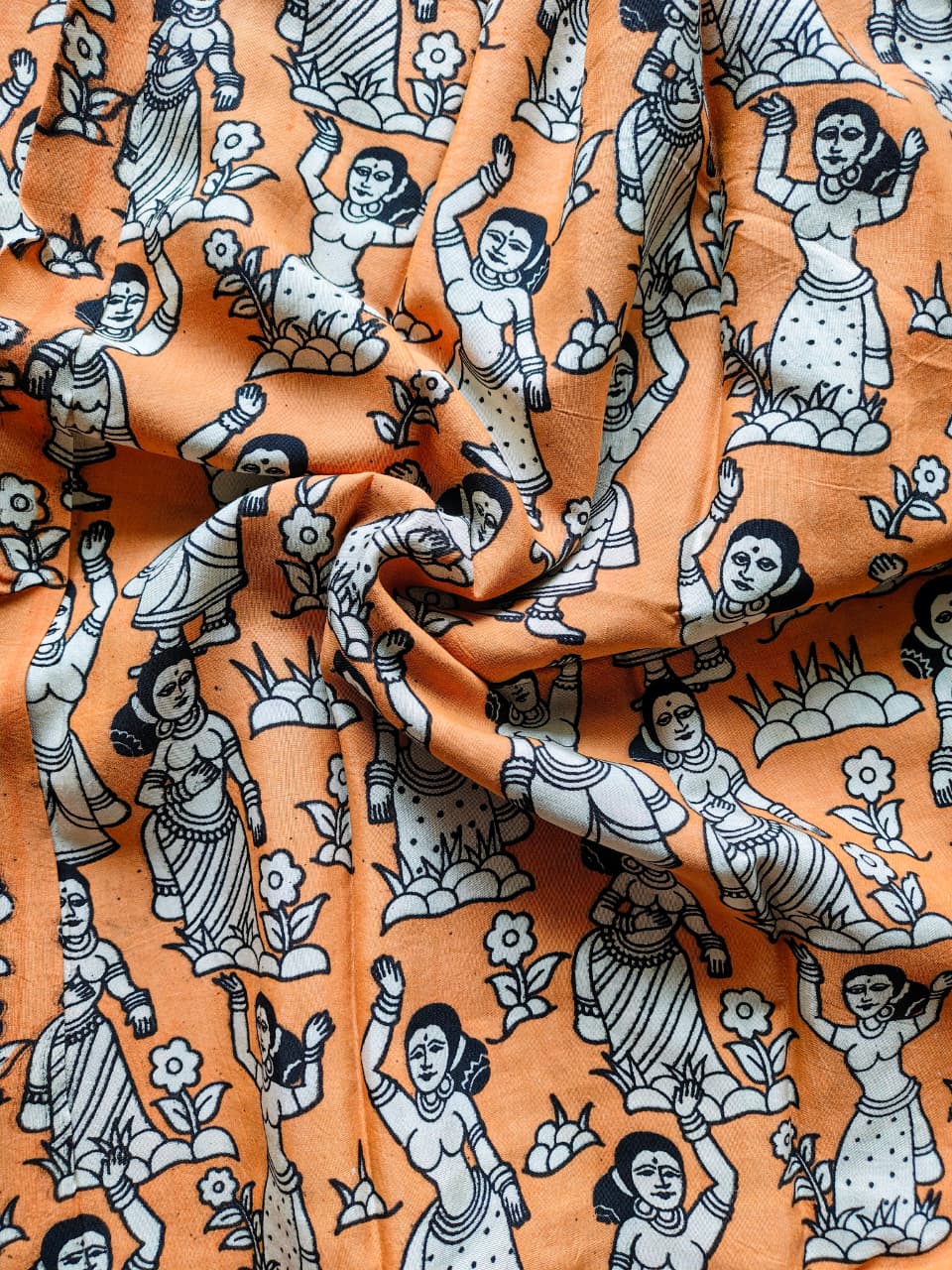 Orange Kalamkari Silk Blouse Fabric