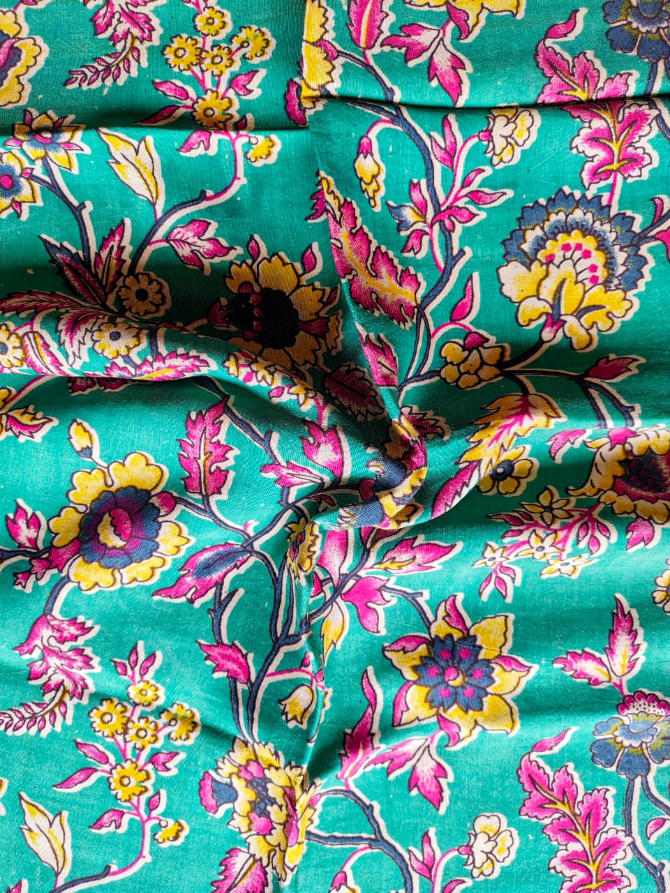 Teal and Pink Kalamkari Silk Blouse Fabric