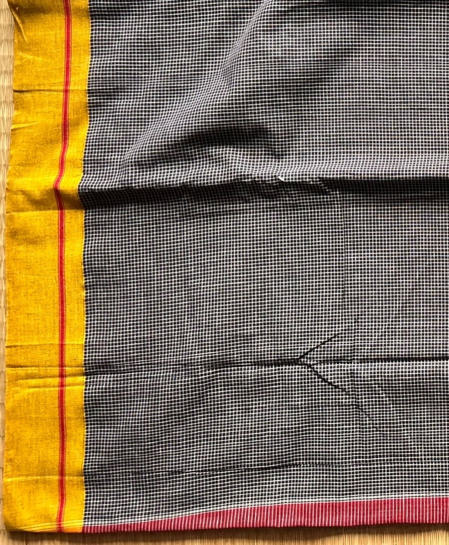 Black checkered cotton saree with mustard and red borders