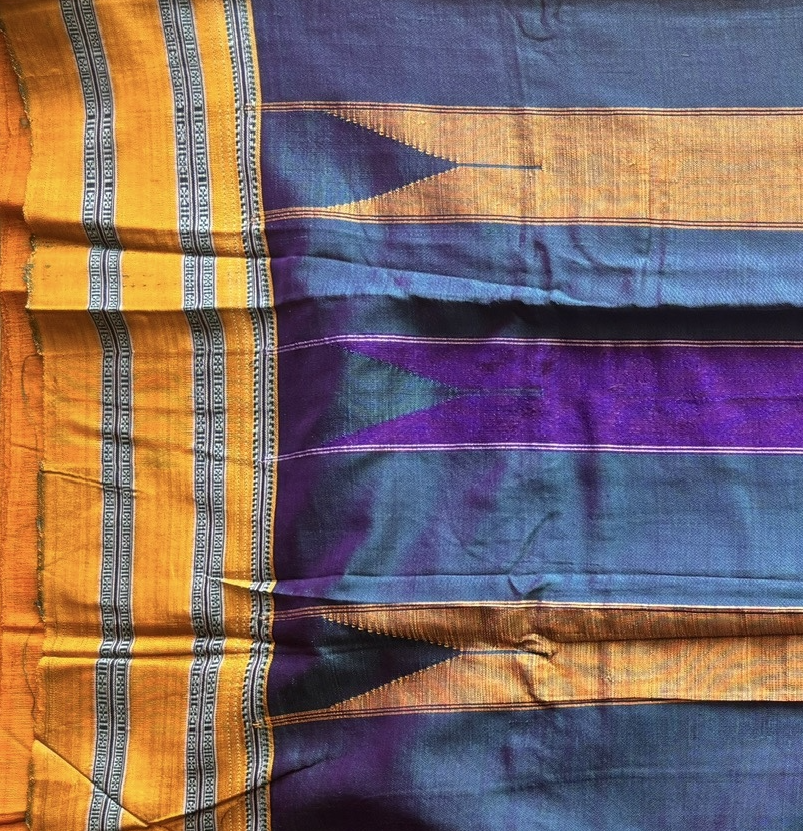 Black checkered cotton saree with mustard and red borders