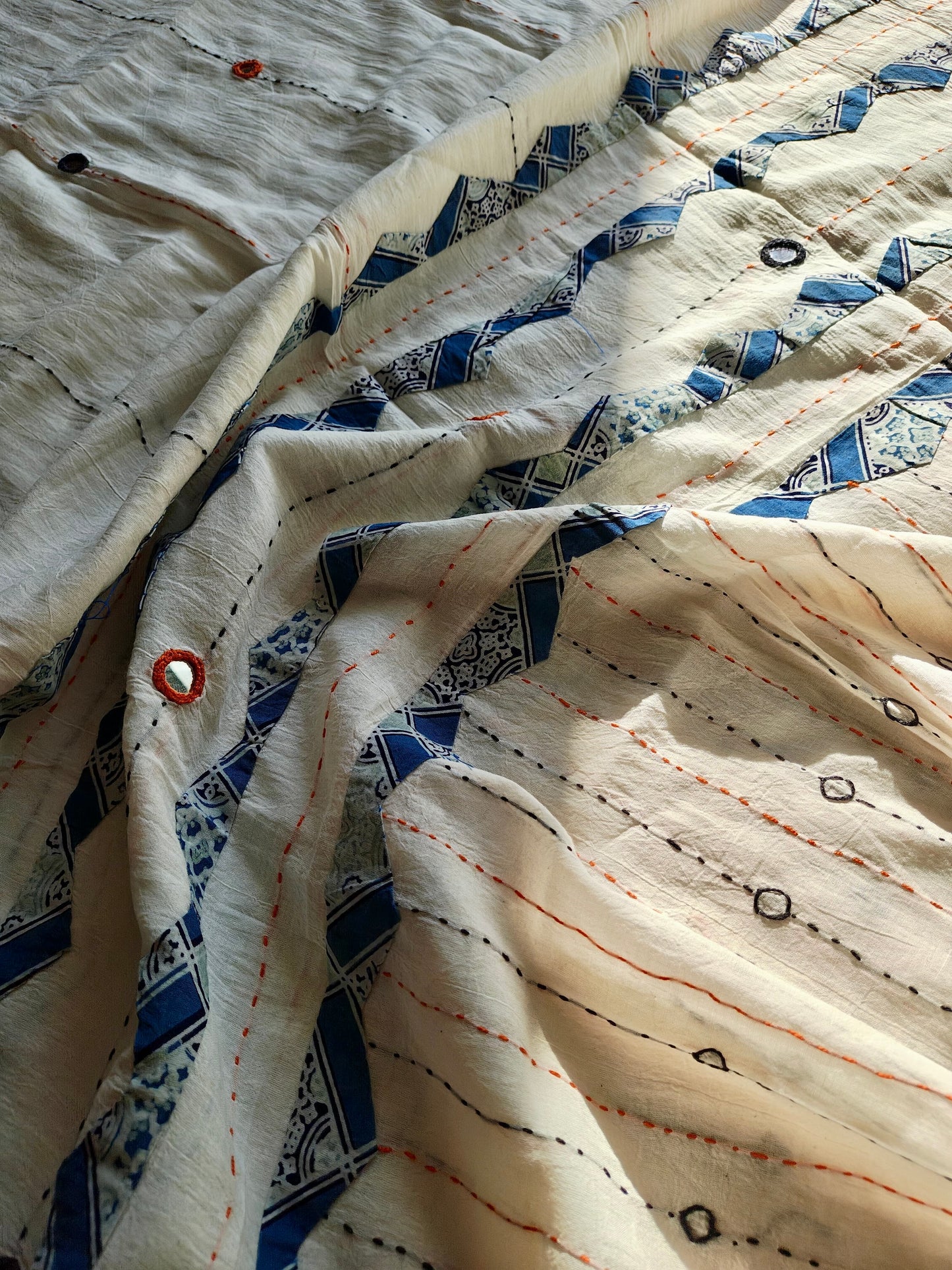Off-White Ajrakh Patchwork Cotton Dupatta with Blue Accents