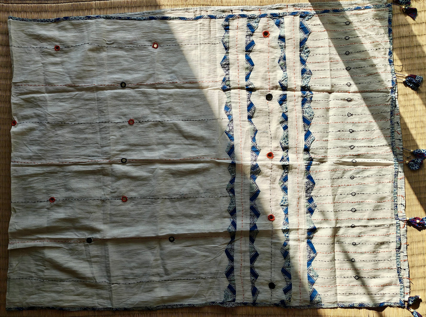 Off-White Ajrakh Patchwork Cotton Dupatta with Blue Accents