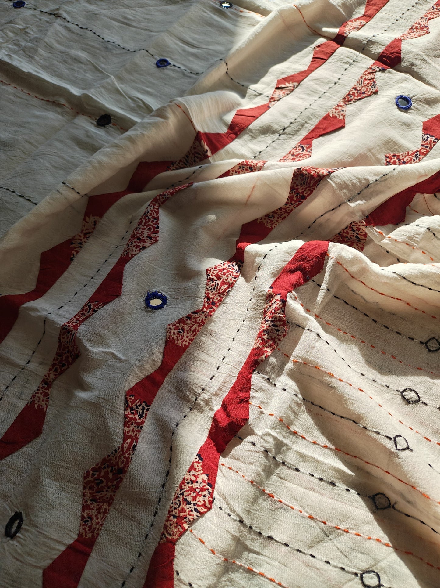 Off-White Ajrakh Patchwork Cotton Dupatta with Red Accents