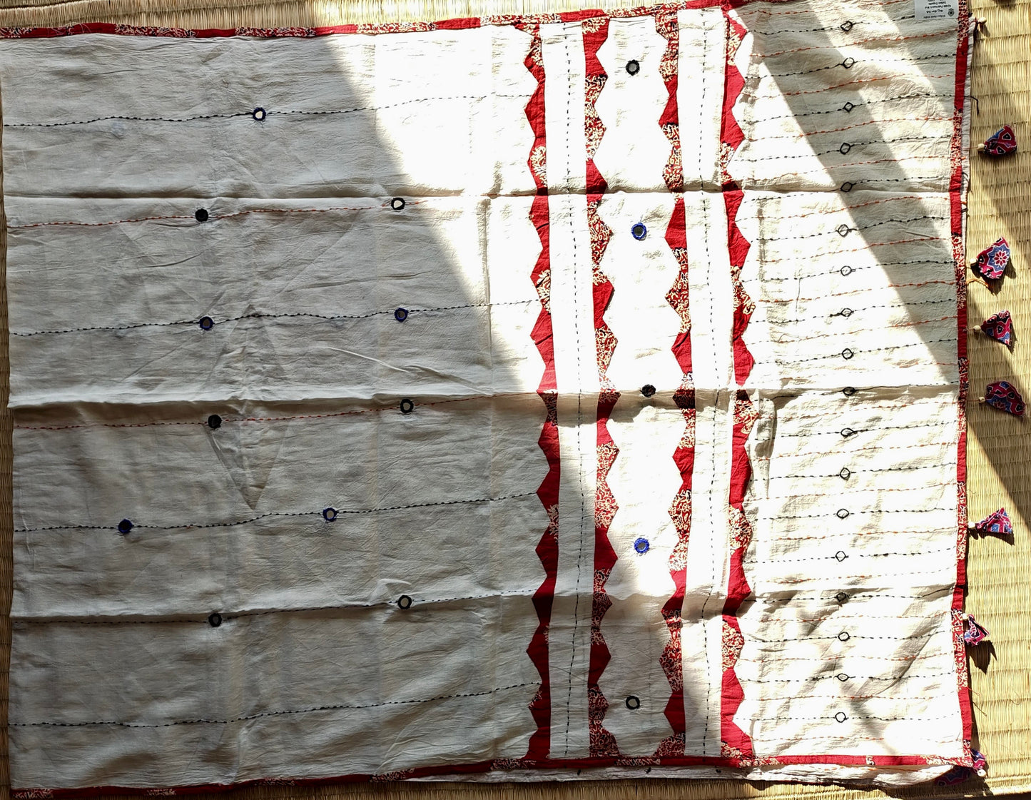Off-White Ajrakh Patchwork Cotton Dupatta with Red Accents