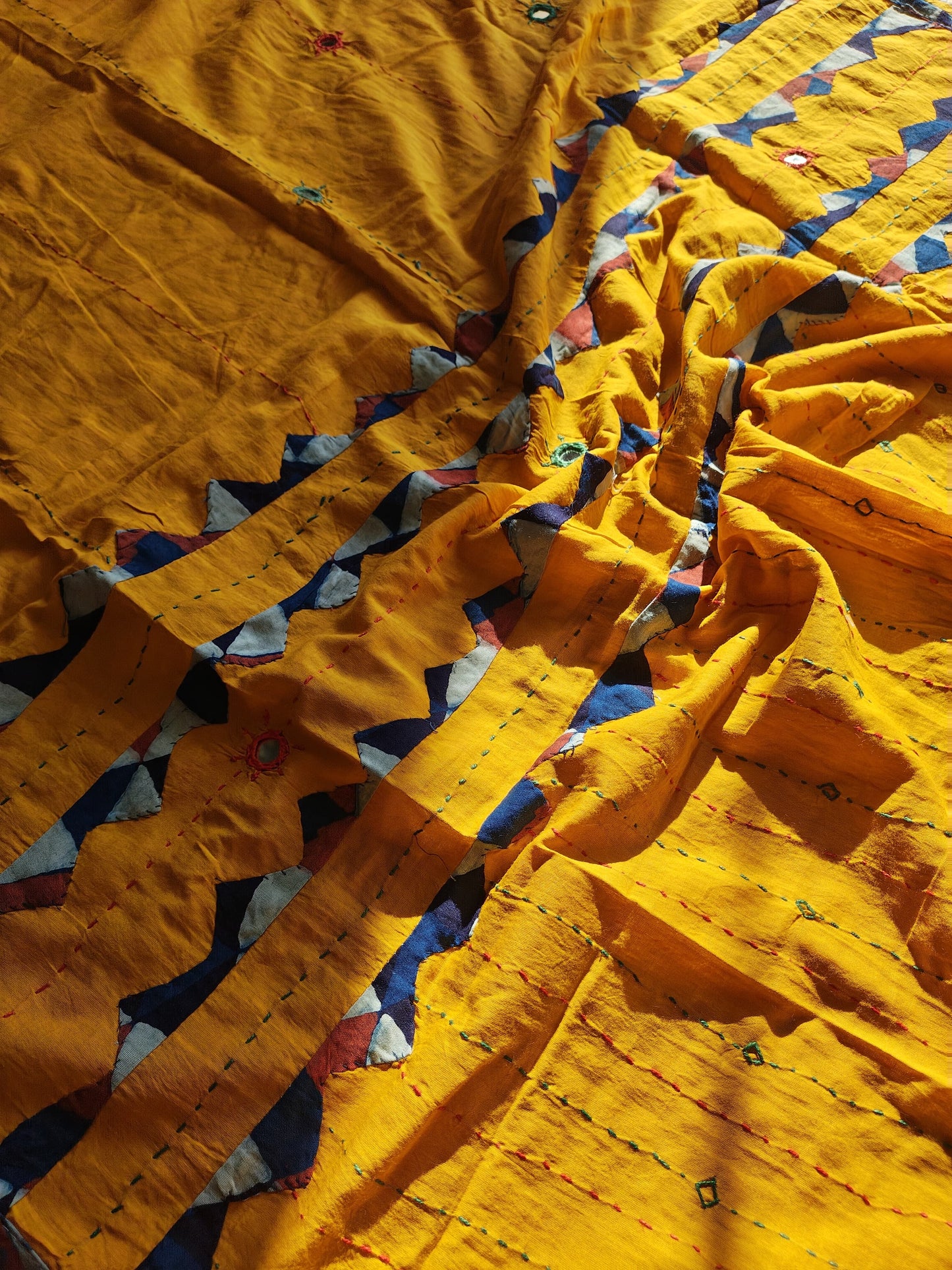 Mustard Ajrakh Floral Patchwork Cotton Dupatta