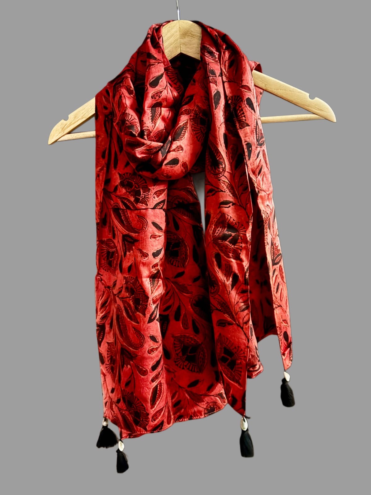 Red and Black Floral Ajrakh Modal Silk Stole