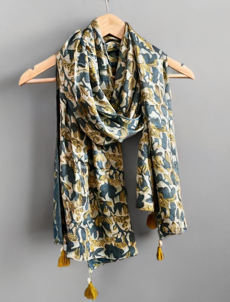 Blue and Mustard Ajrakh Modal Silk Stole
