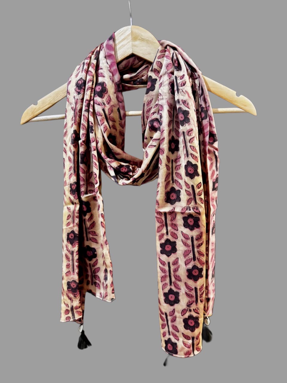 Pink Floral Ajrakh Modal Silk Stole