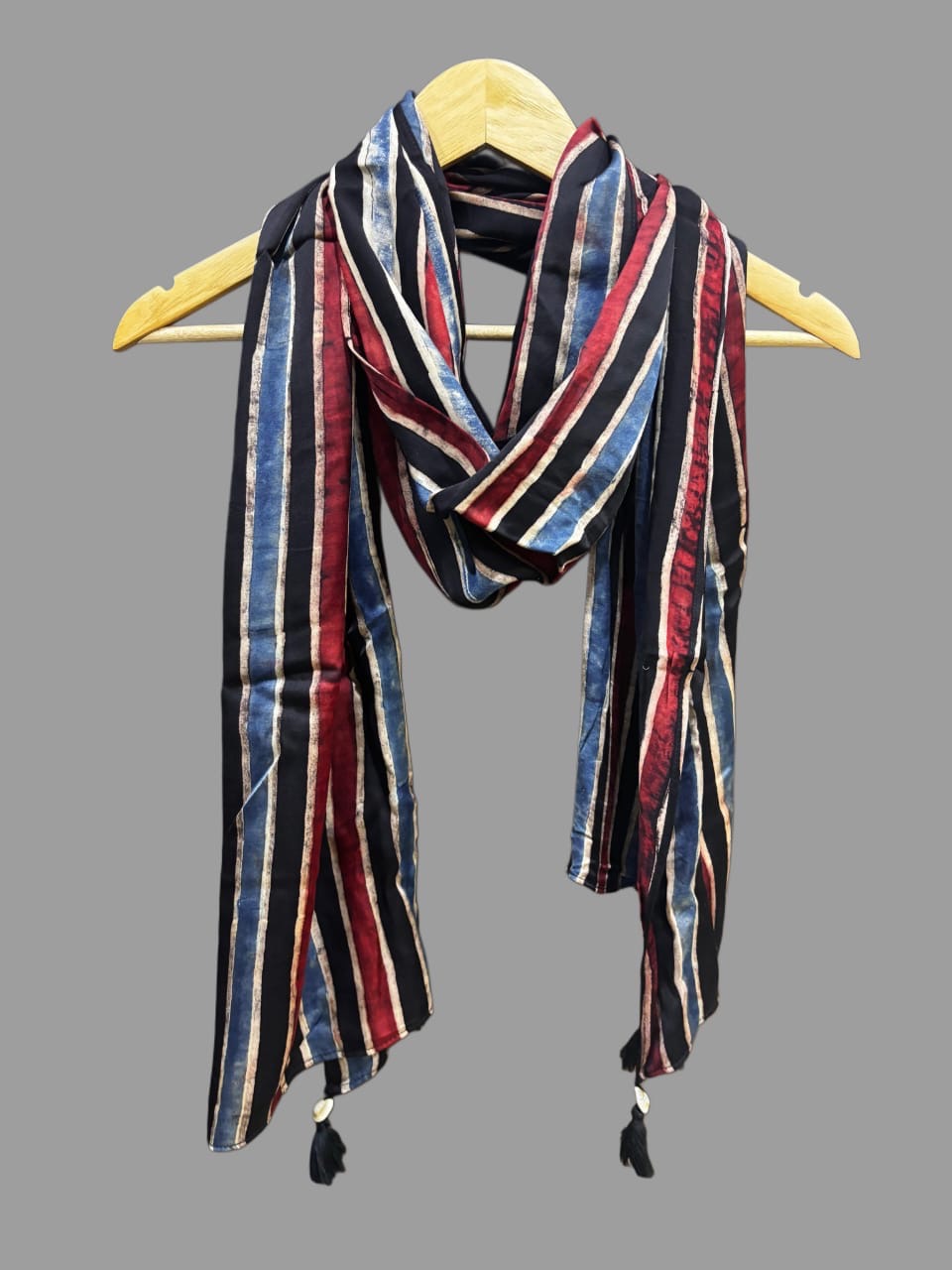 Rust Blue and Black Lines Ajrakh Modal Silk Stole