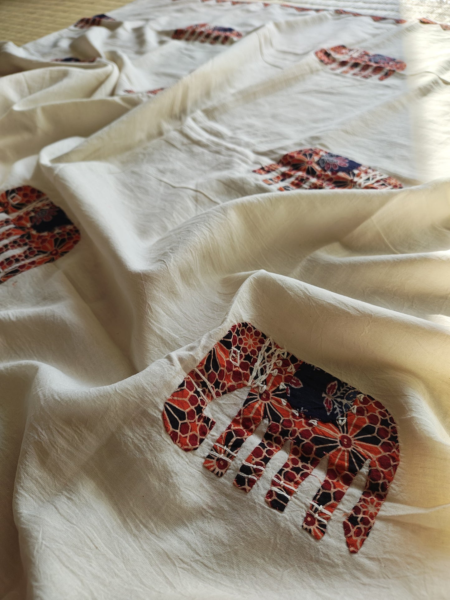 Off-White Ajrakh Patchwork Cotton Dupatta with Elephant Motifs