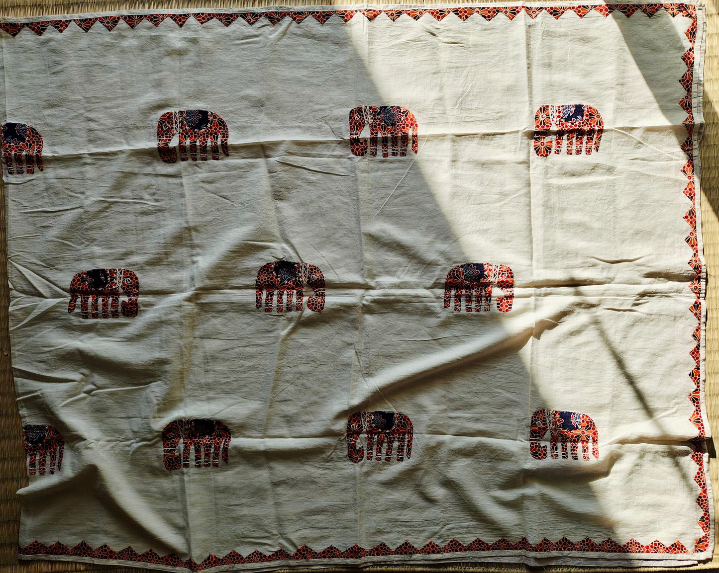 Off-White Ajrakh Patchwork Cotton Dupatta with Elephant Motifs