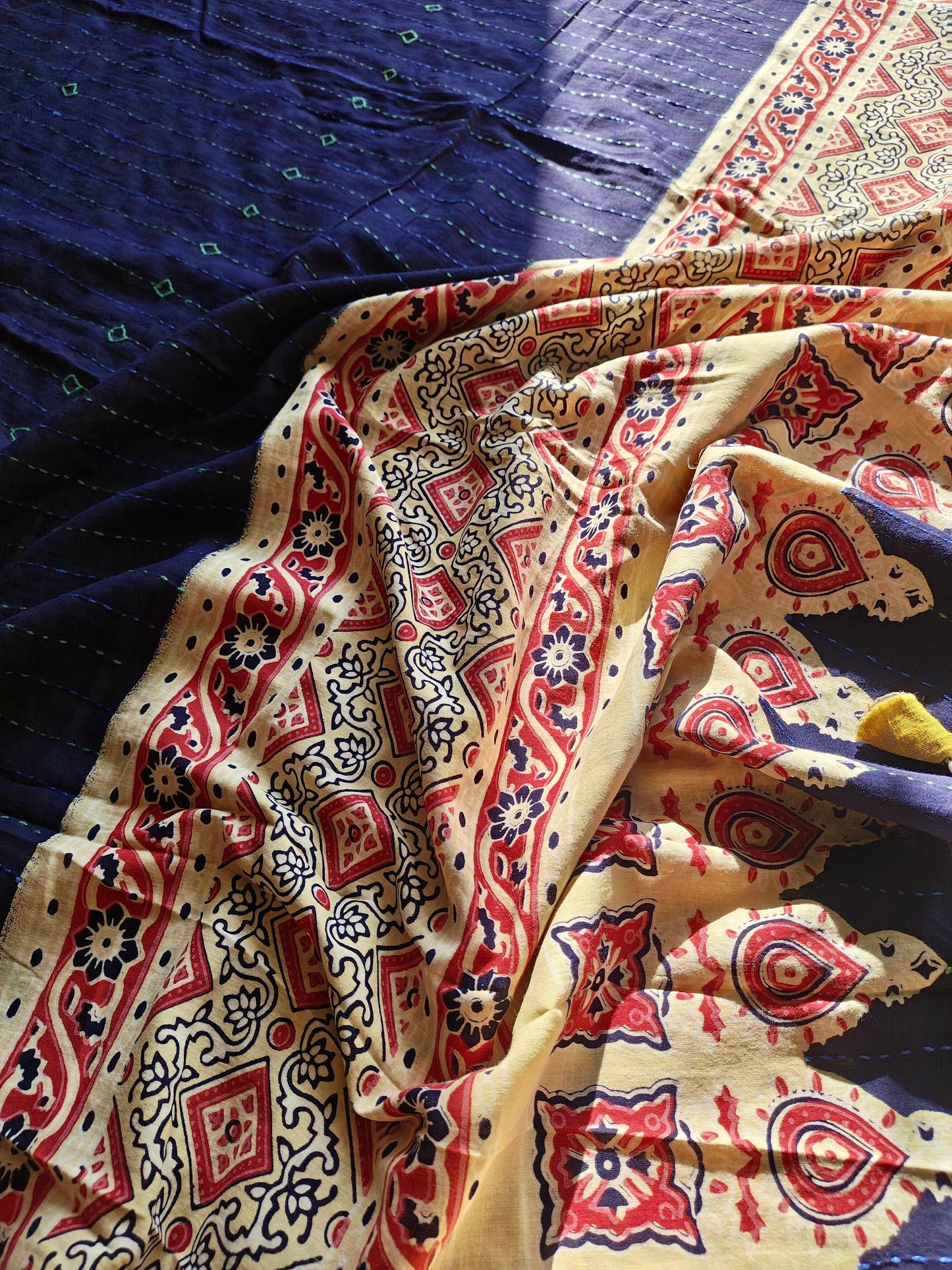 Blue & Mustard Ajrakh Hand Block Cotton Dupatta with Kantha Work