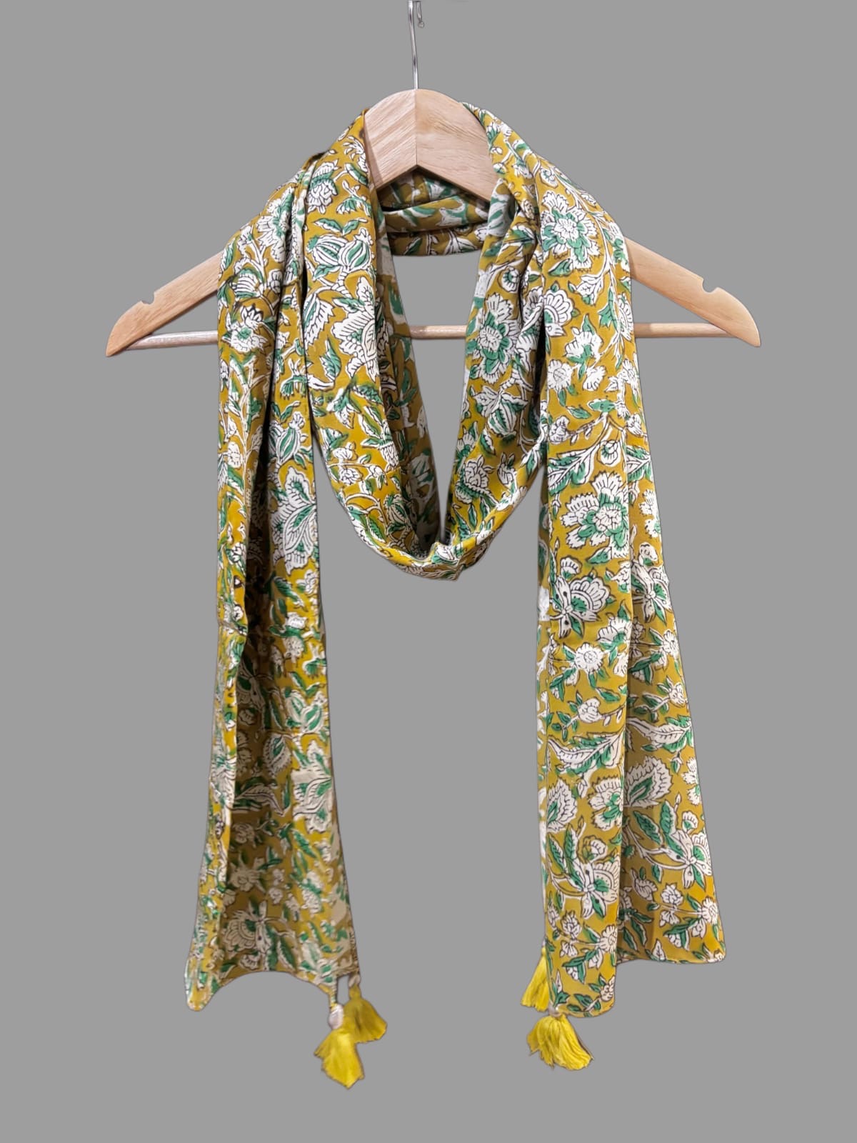 Mustard and Green Floral Ajrakh Modal Silk Stole