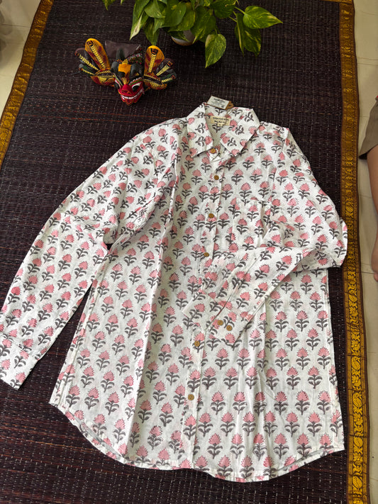 Women's White Floral Sanganeri Hand Block Printed Shirt