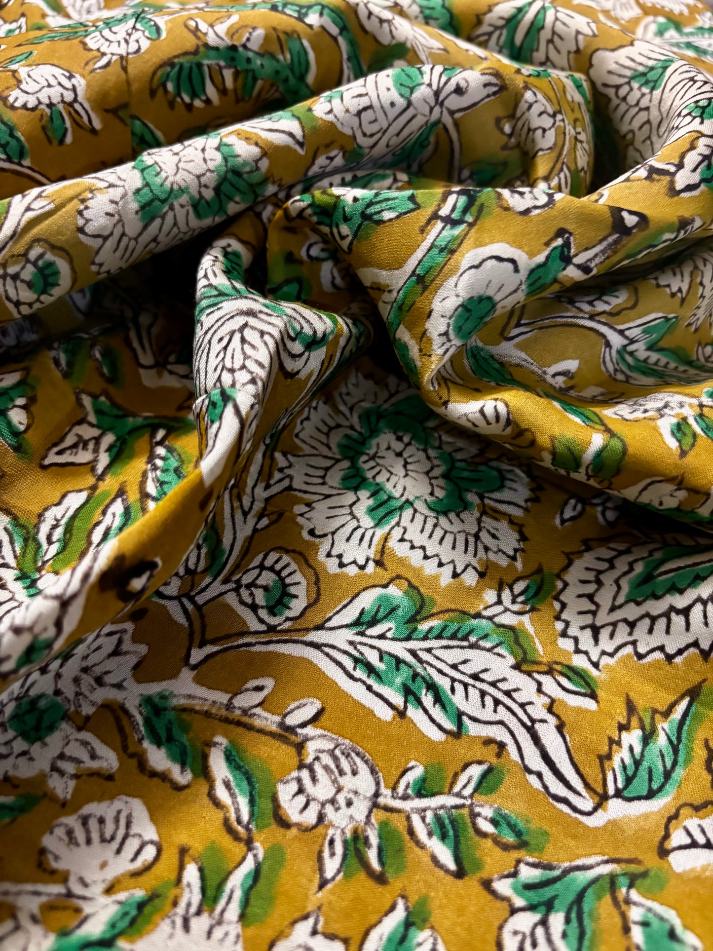 Mustard and Green Floral Ajrakh Modal Silk Stole