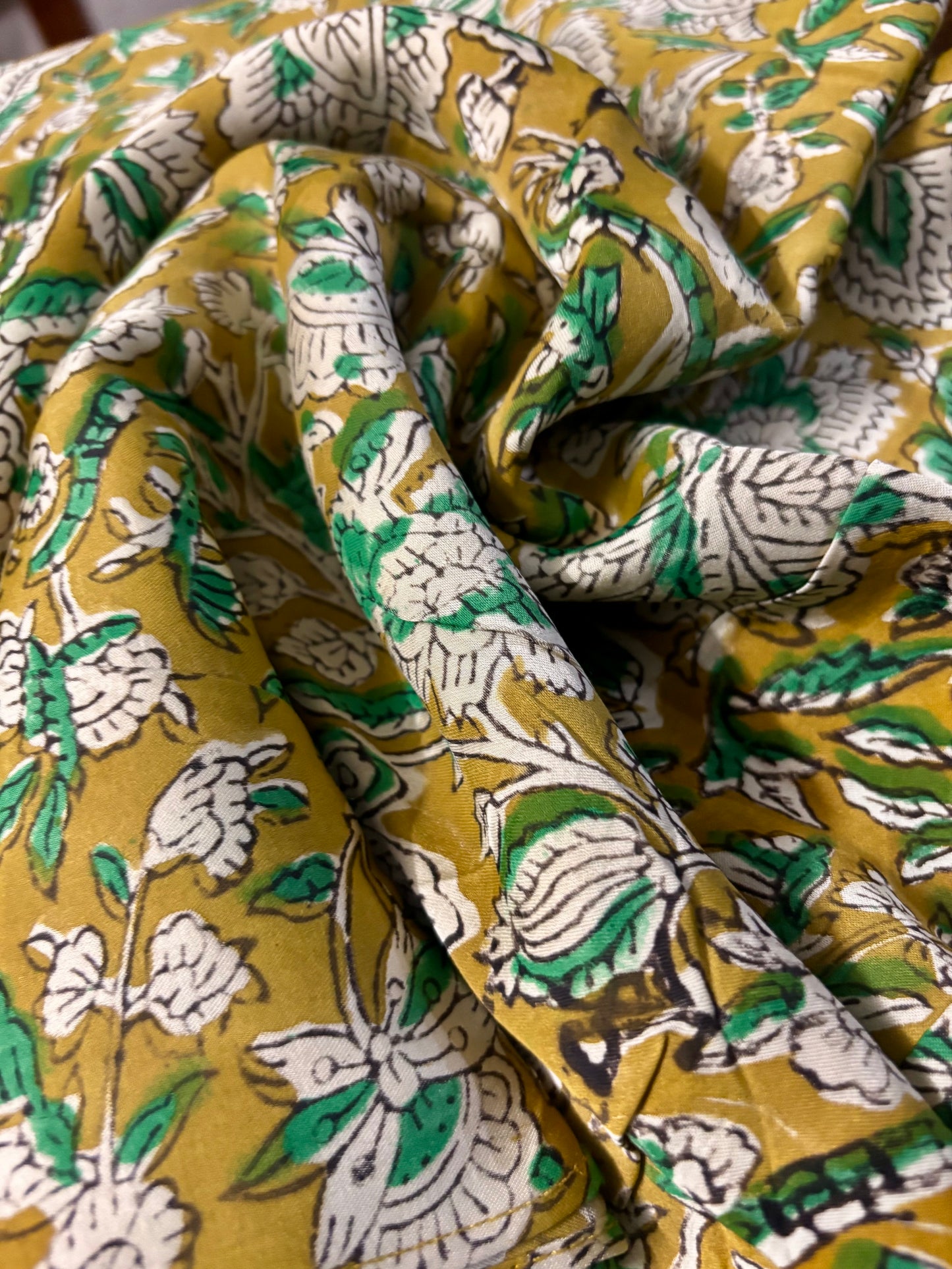 Mustard and Green Floral Ajrakh Modal Silk Stole