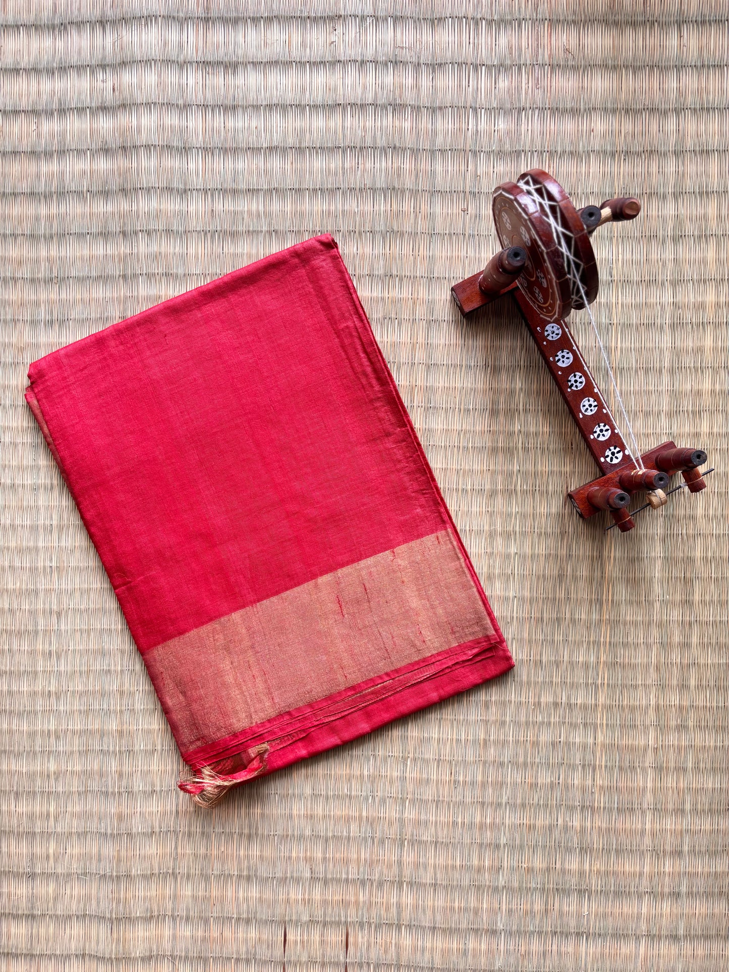 Red Handwoven Tussar Silk Saree with Zari Border