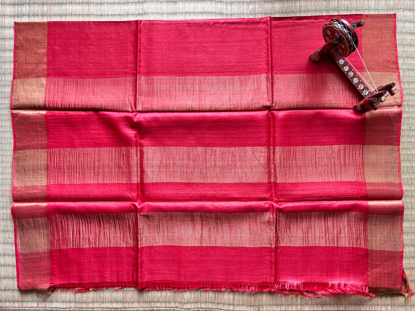 Red Handwoven Tussar Silk Saree with Zari Border