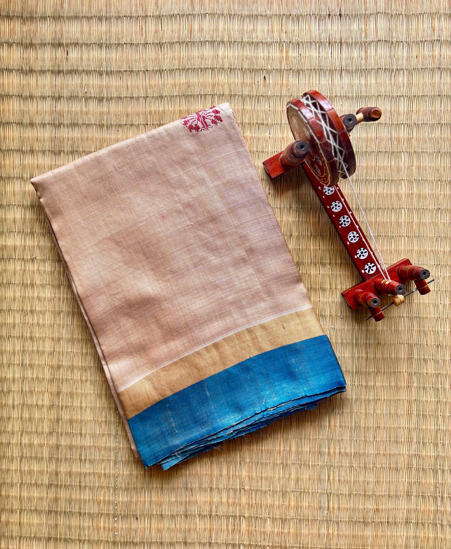 Beige Tussar Silk Saree with Ganga Jamuna Border