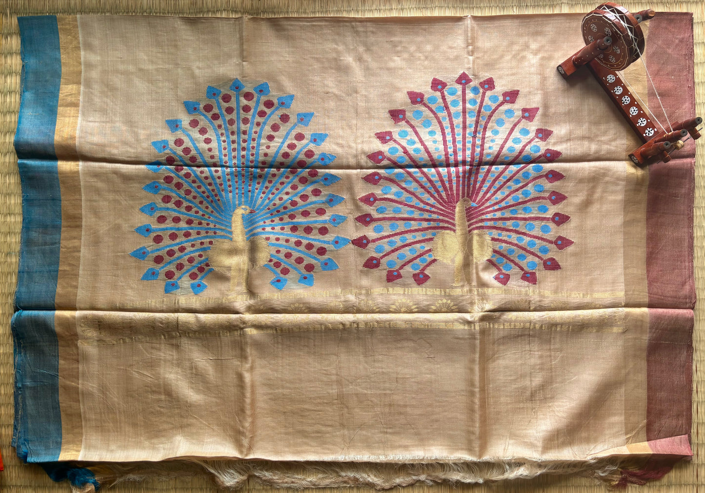 Beige Tussar Silk Saree with Ganga Jamuna Border