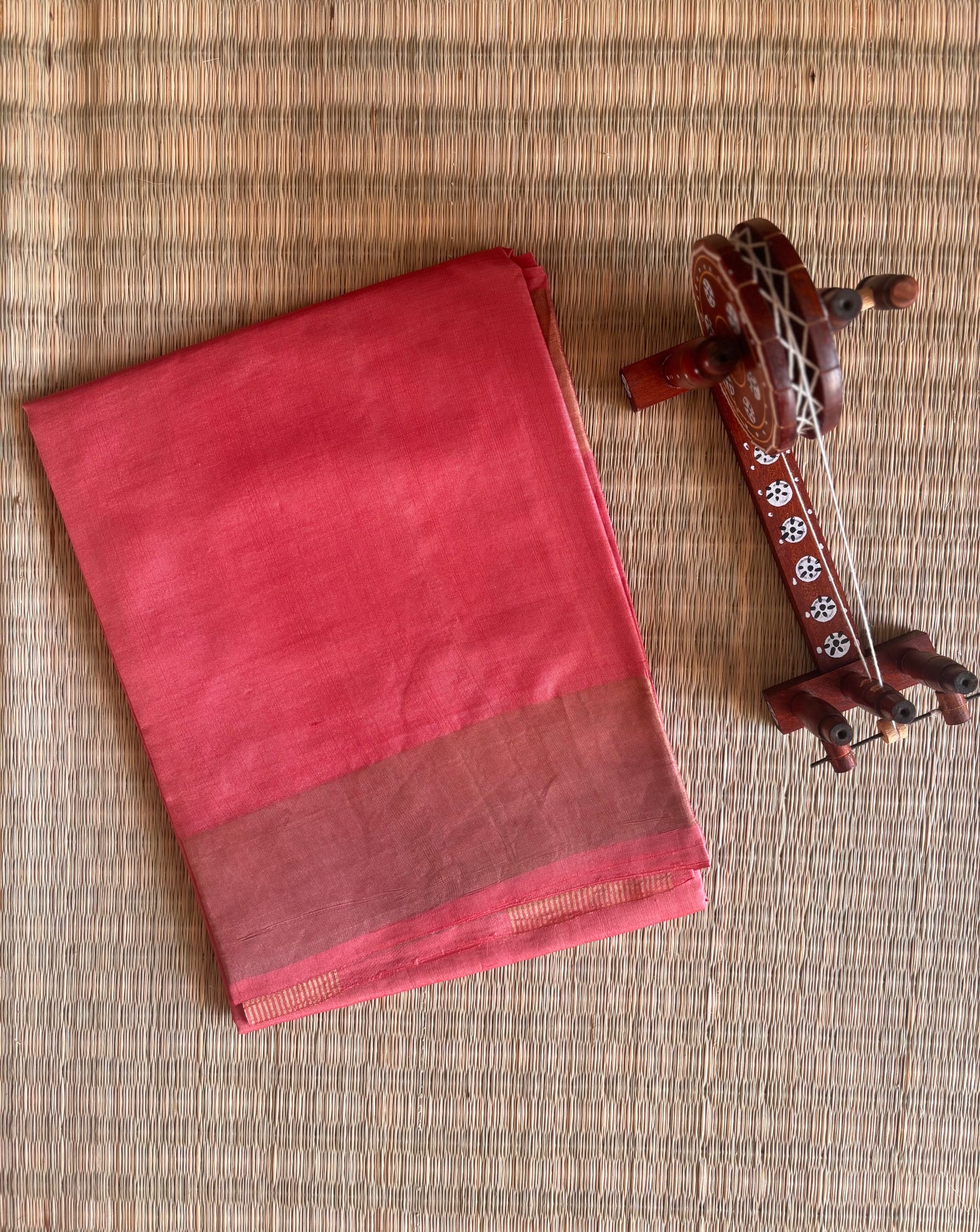 Warm Peach Handwoven Tussar Silk Saree With Zari Border