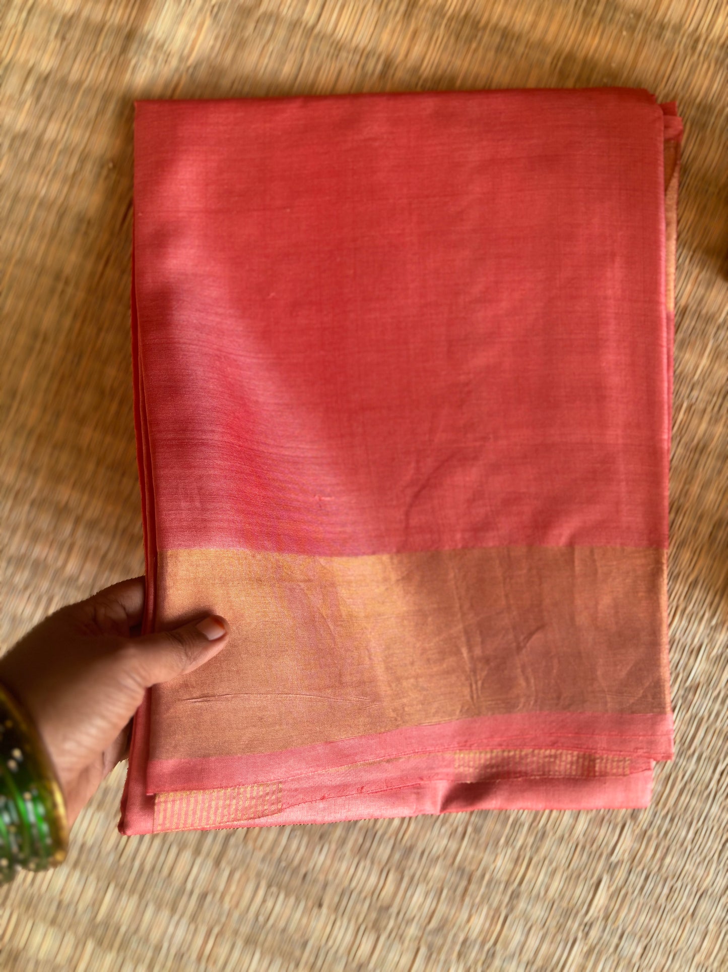 Warm Peach Handwoven Tussar Silk Saree With Zari Border