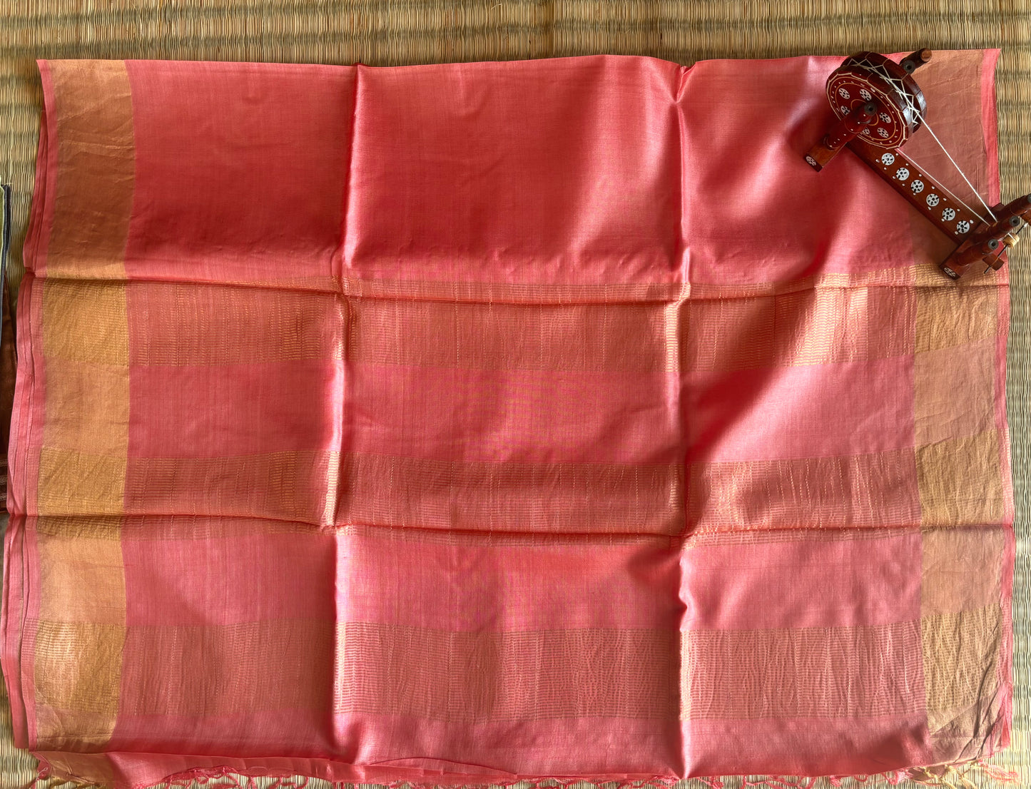 Warm Peach Handwoven Tussar Silk Saree With Zari Border