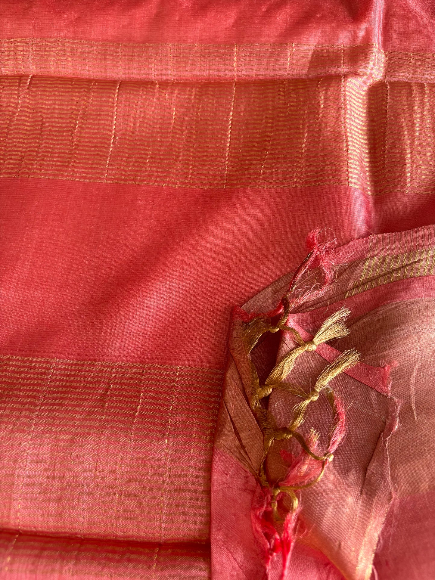 Warm Peach Handwoven Tussar Silk Saree With Zari Border