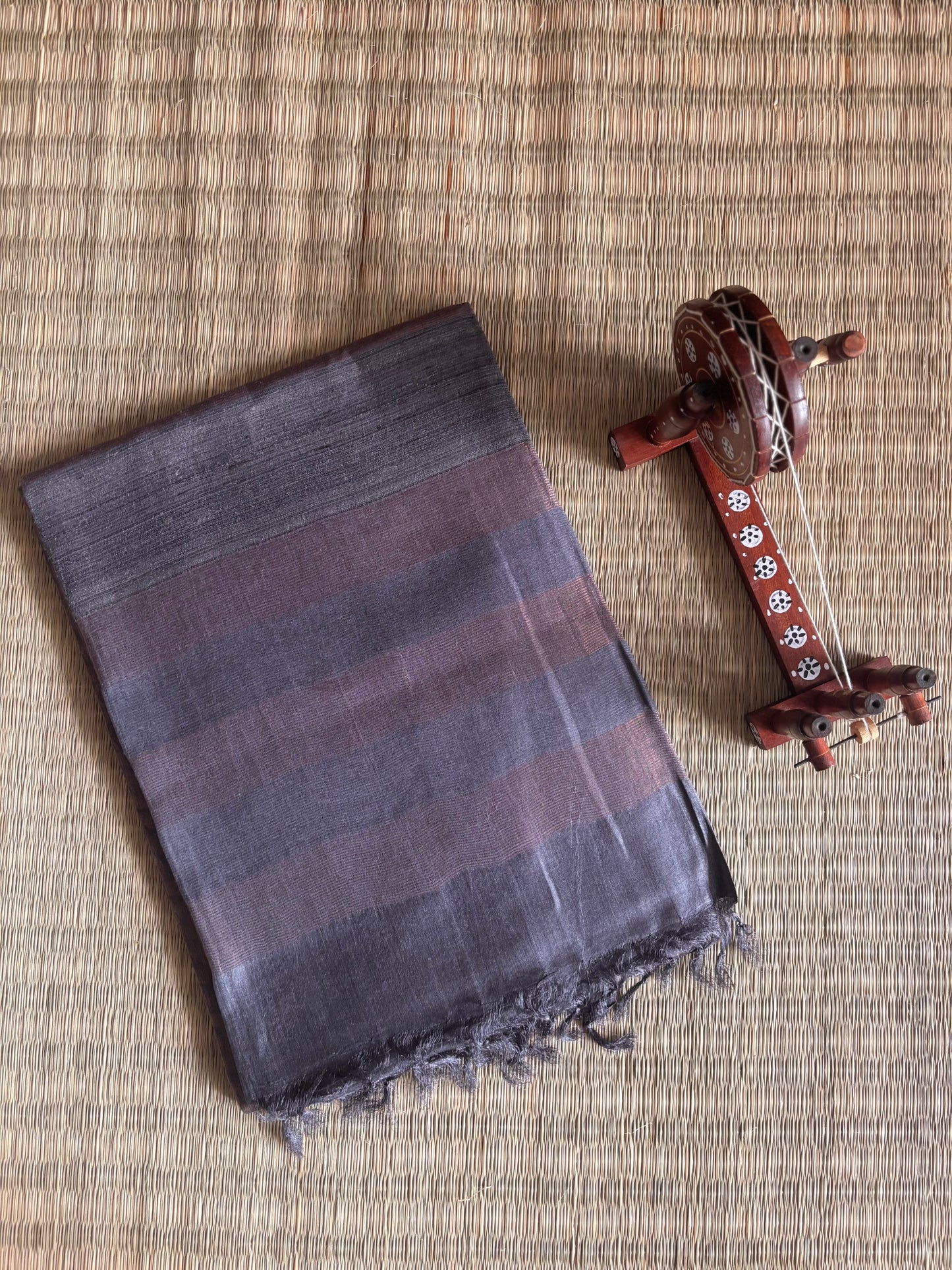 Charcoal Grey & Copper zari Tussar Silk Saree