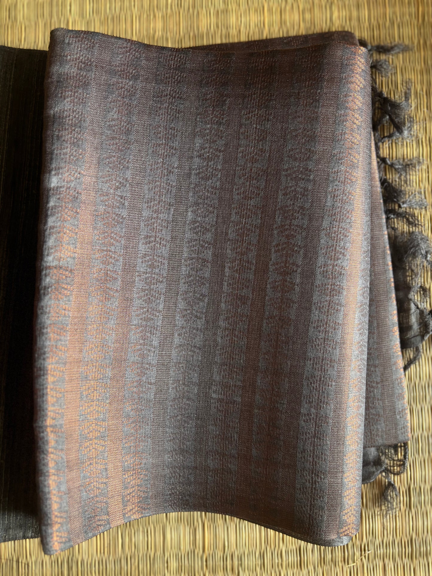 Charcoal Grey & Copper zari Tussar Silk Saree