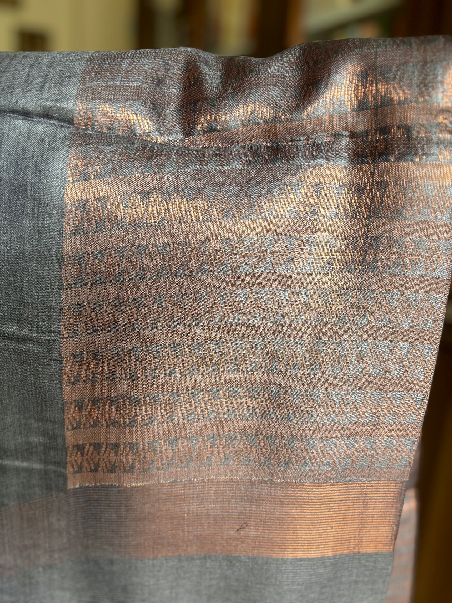 Charcoal Grey & Copper zari Tussar Silk Saree