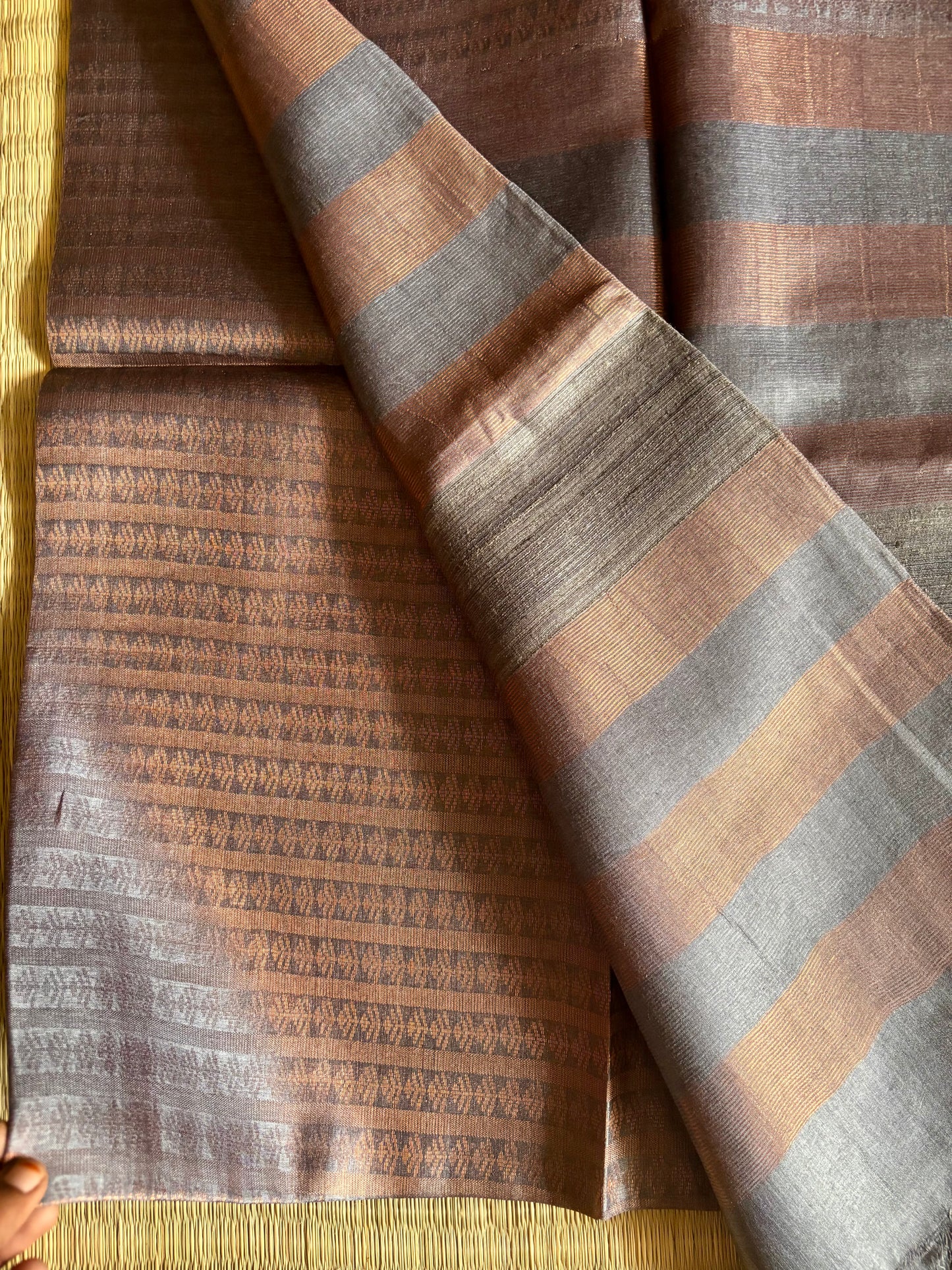 Charcoal Grey & Copper zari Tussar Silk Saree