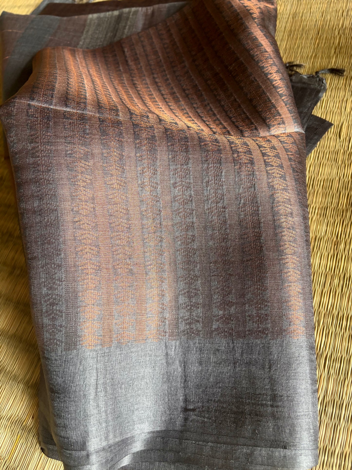 Charcoal Grey & Copper zari Tussar Silk Saree