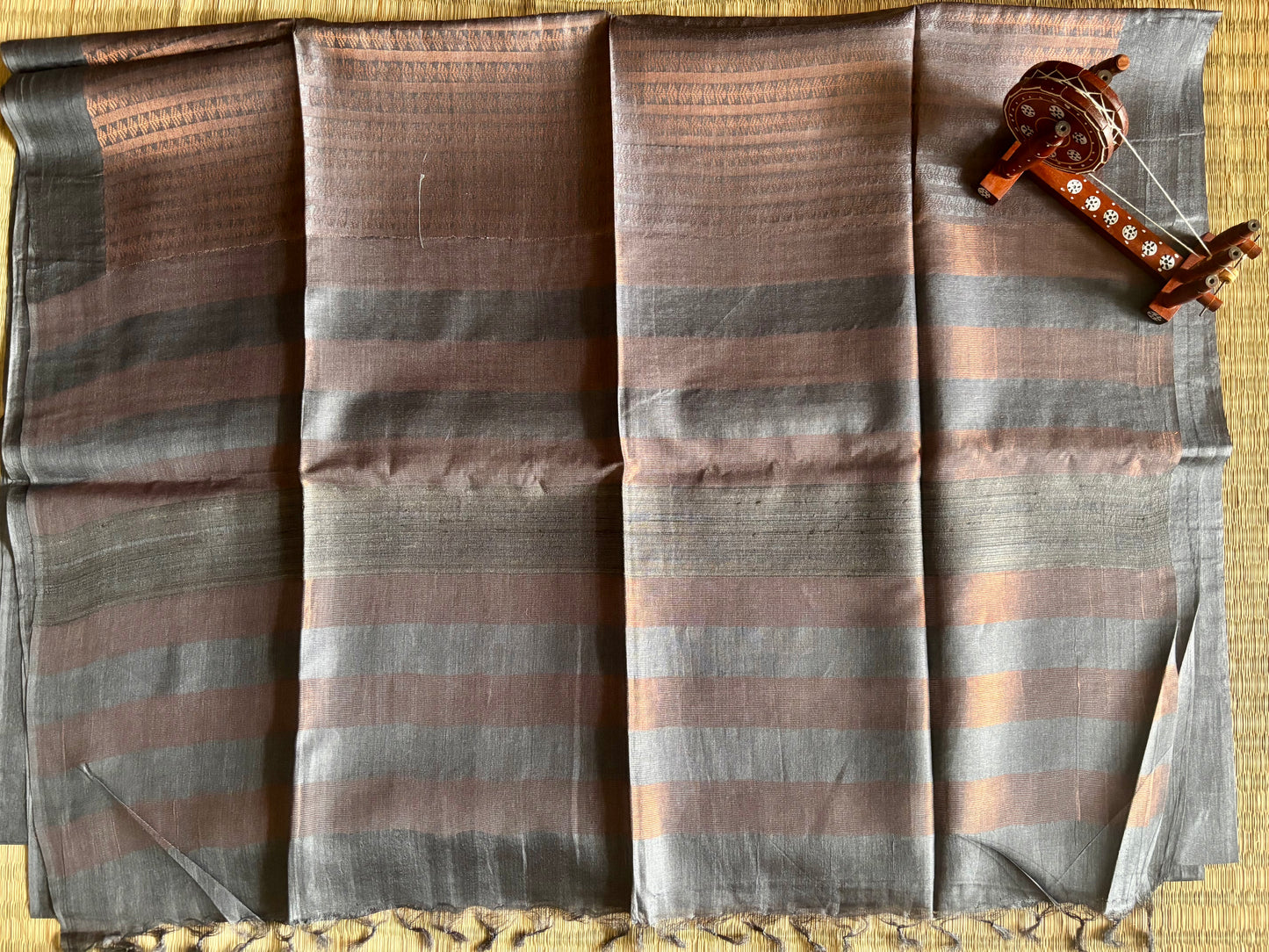 Charcoal Grey & Copper zari Tussar Silk Saree