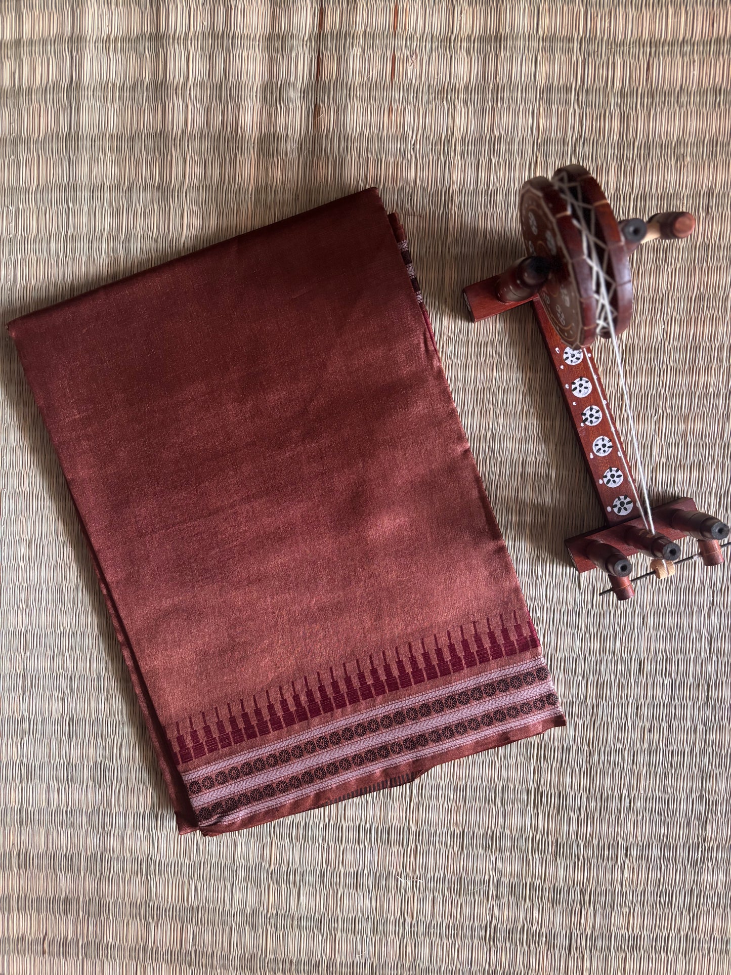 Chocolate Brown Temple Border Tussar Silk Saree