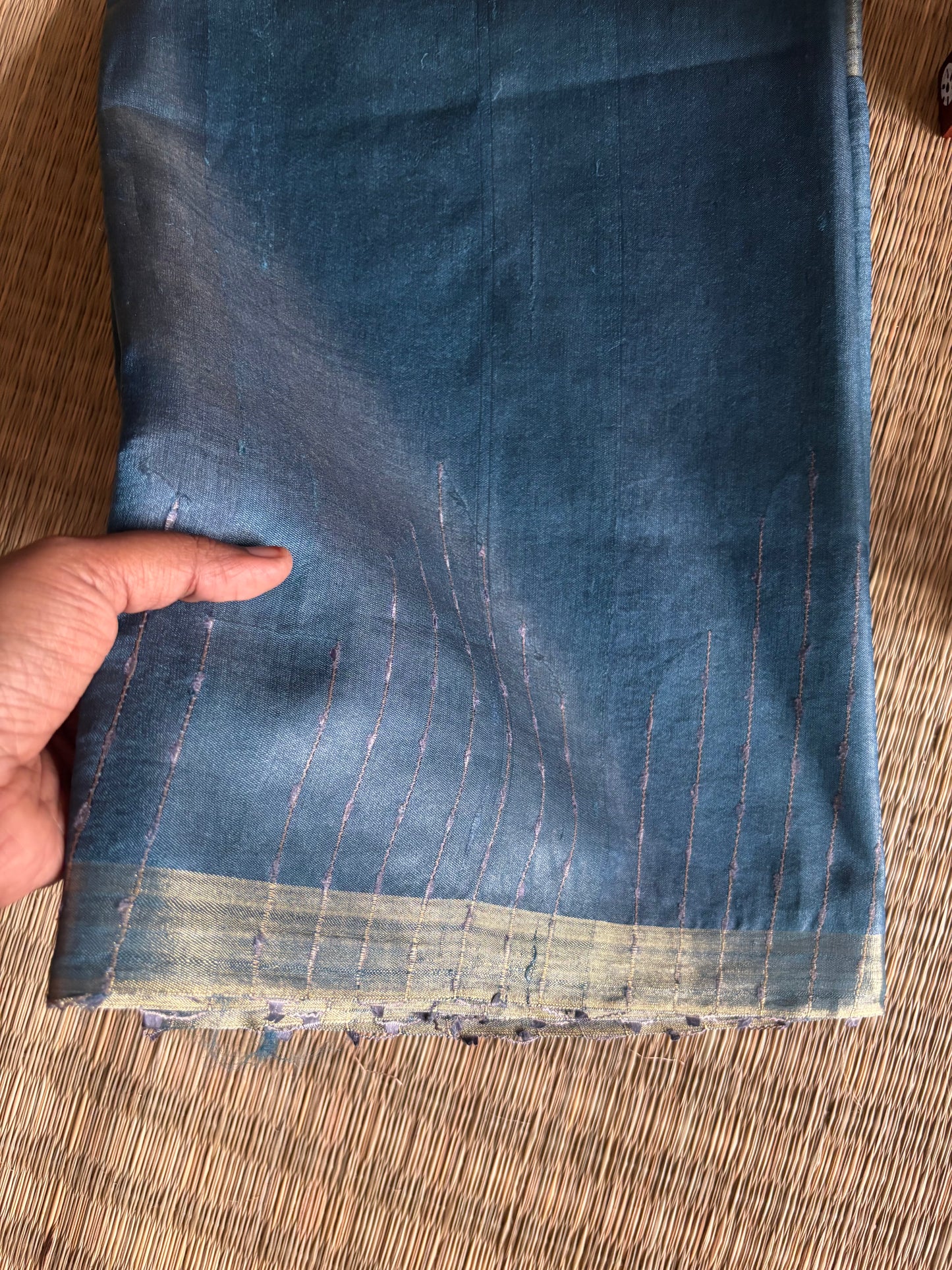 Opaline Blue Tussar Silk Saree with Gold Zari