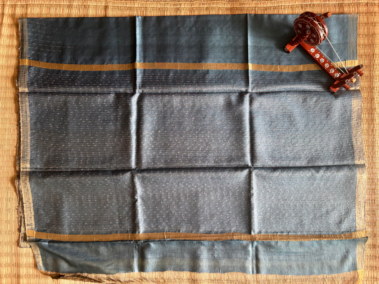 Opaline Blue Tussar Silk Saree with Gold Zari
