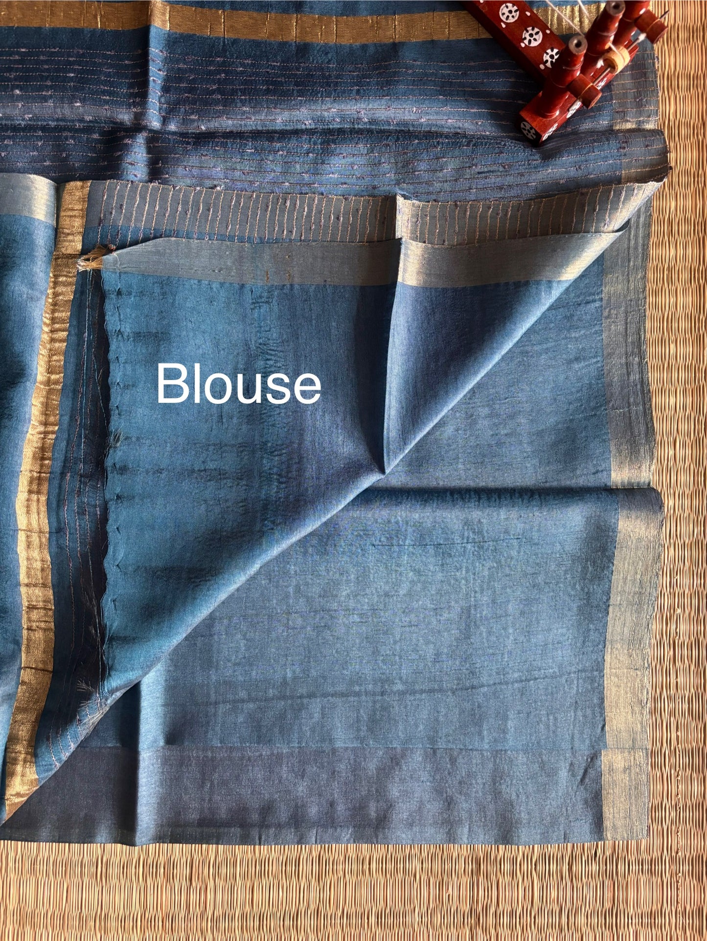 Opaline Blue Tussar Silk Saree with Gold Zari