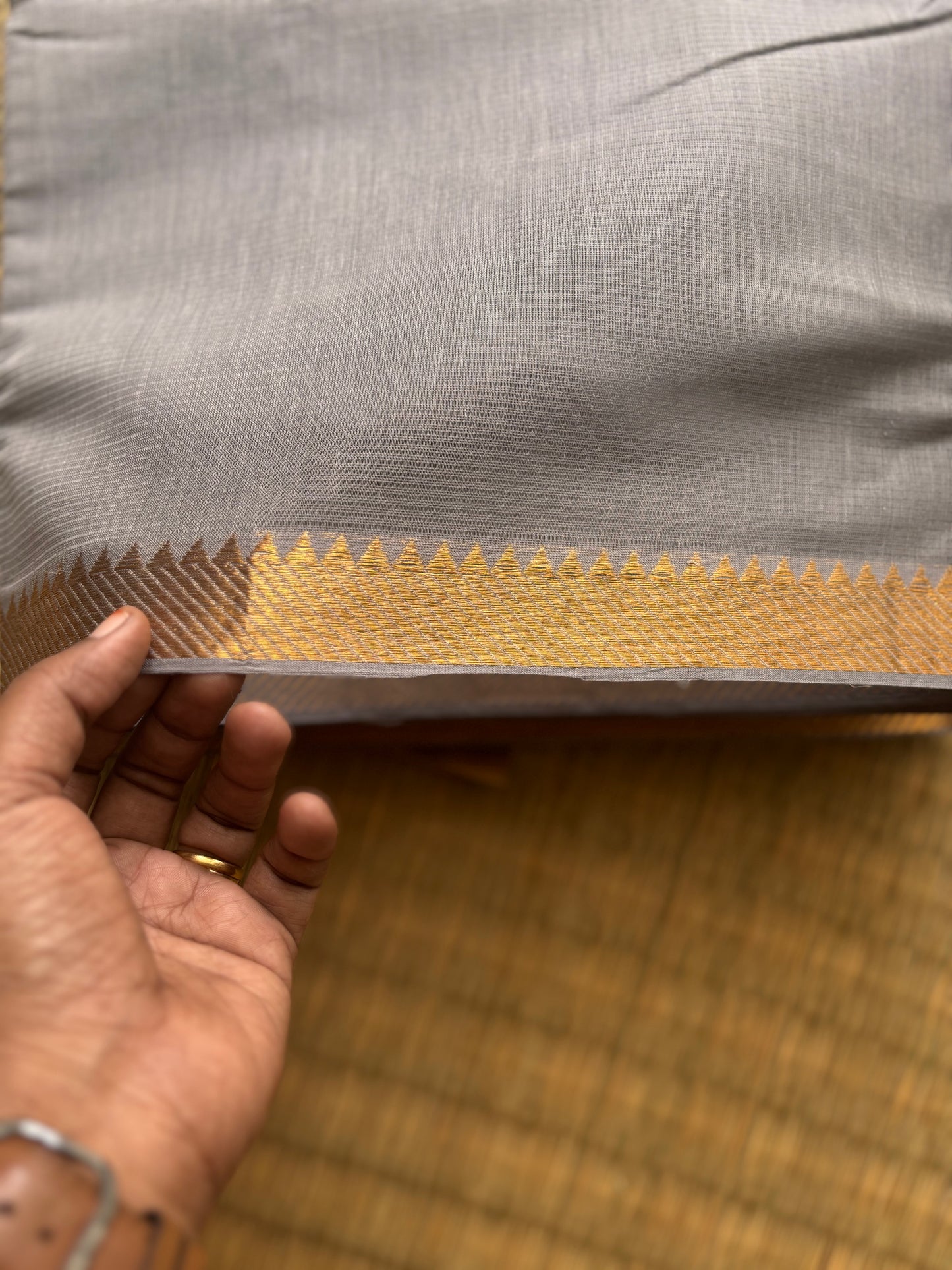 Light Grey Mangalagiri Cotton Saree with Gold Zari