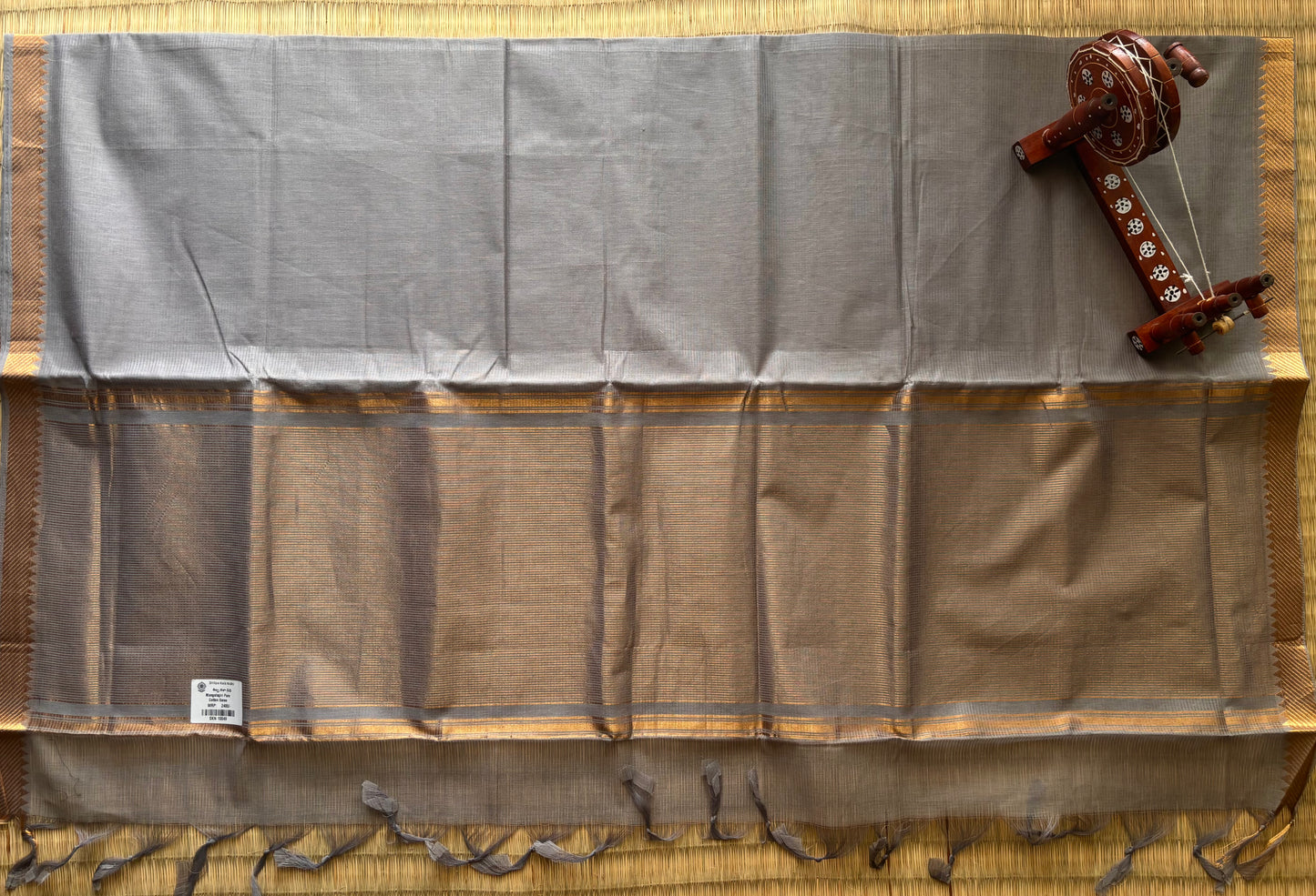 Light Grey Mangalagiri Cotton Saree with Gold Zari