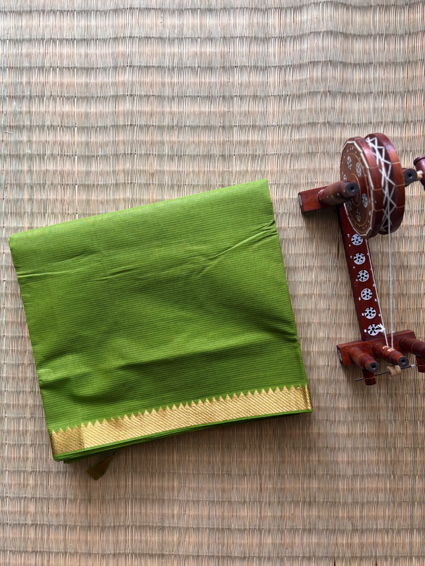 Lime Green Mangalagiri Cotton Saree with Gold Zari