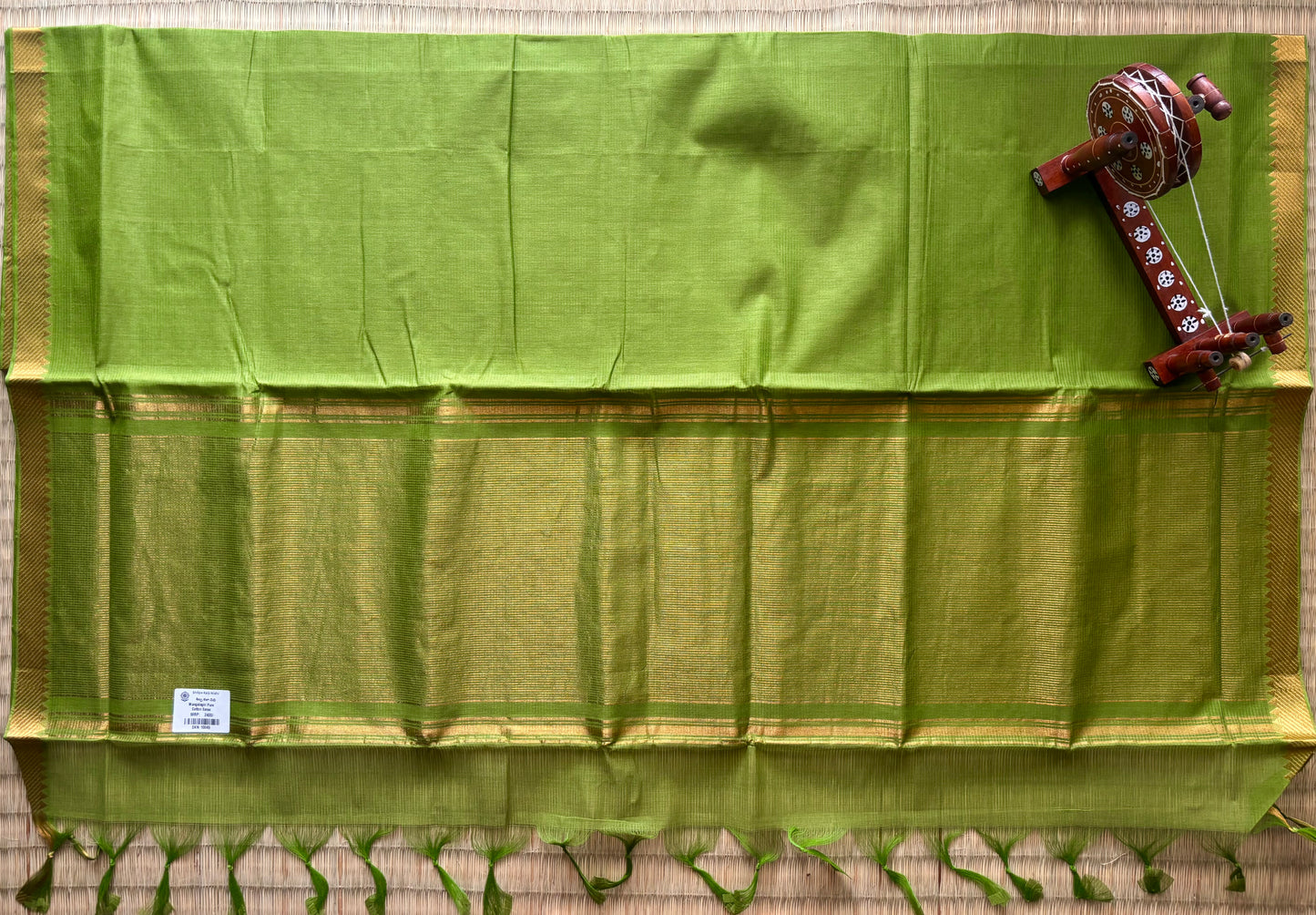 Lime Green Mangalagiri Cotton Saree with Gold Zari