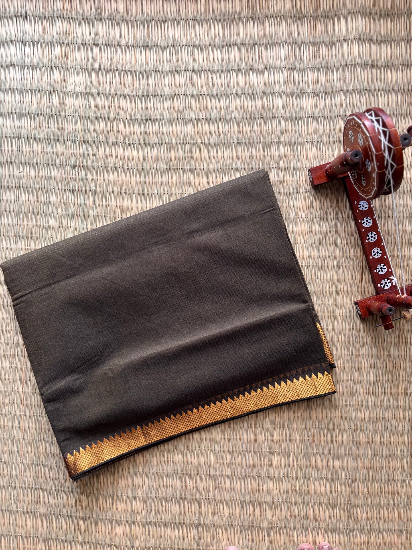 Earthy Brown Mangalagiri Cotton Saree with Gold Zari