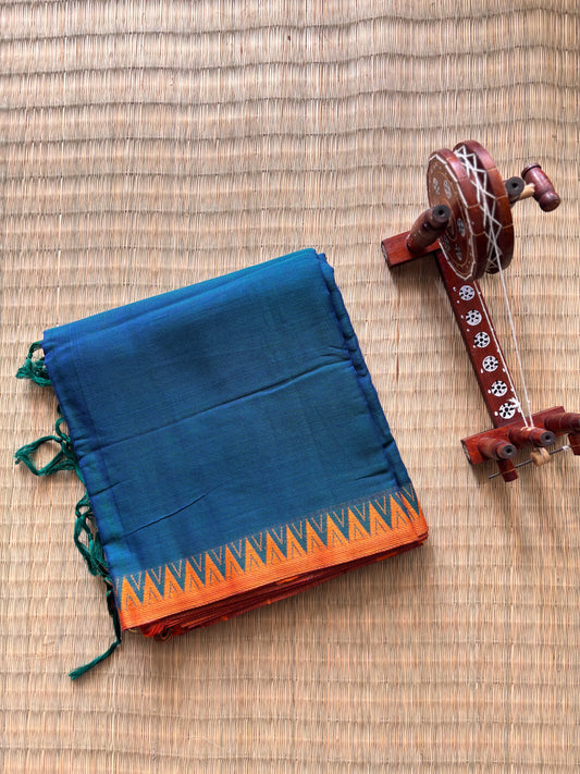 Cobalt Blue Narayanpet Cotton Saree with Temple Border